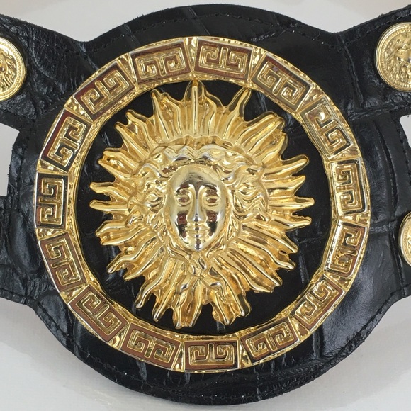 Vintage Lion Head Gold Tone Wide Statement Belt Black Croc Embossed - Picture 8 of 12